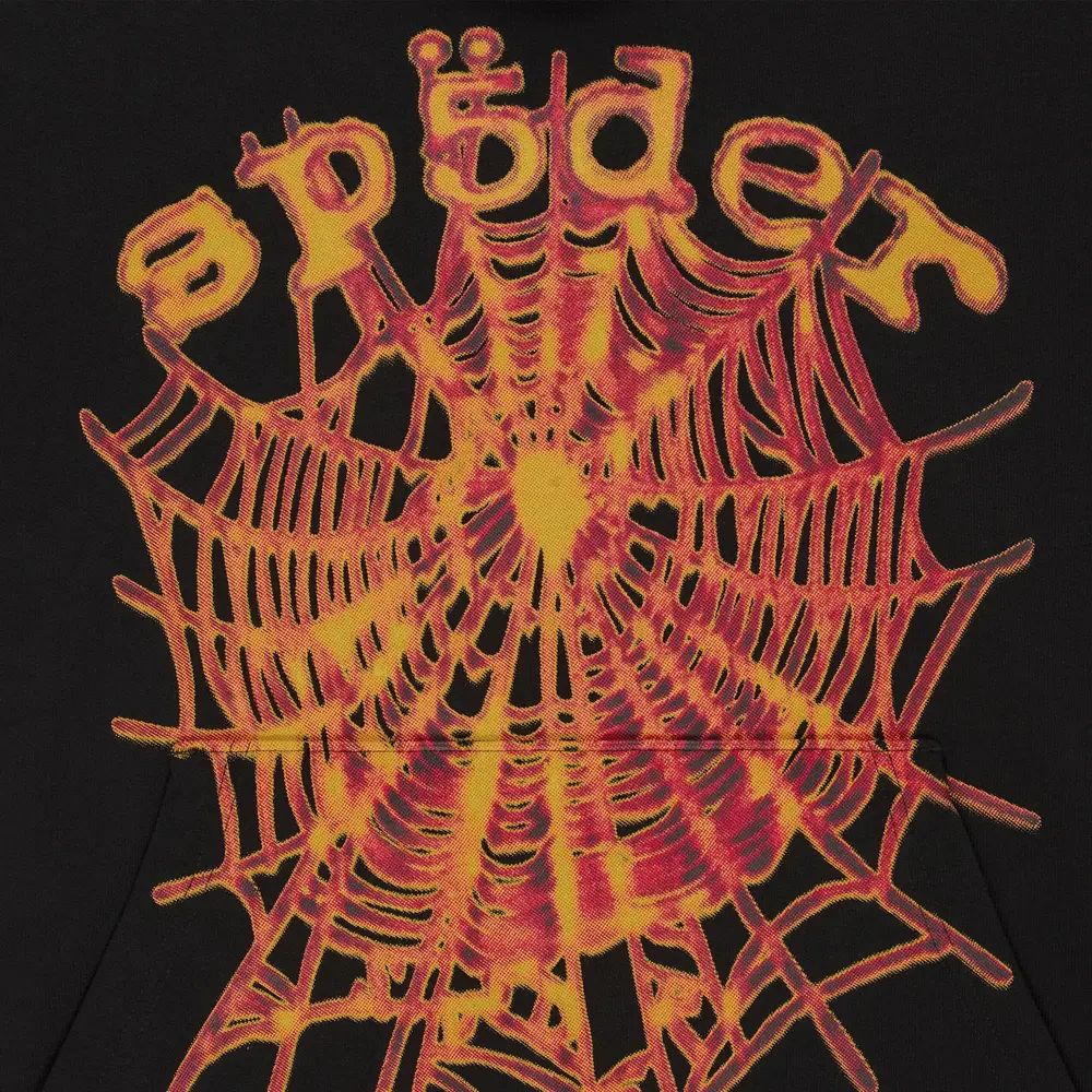 Sp5der Flame Web Graphic Hoodie Black Orange