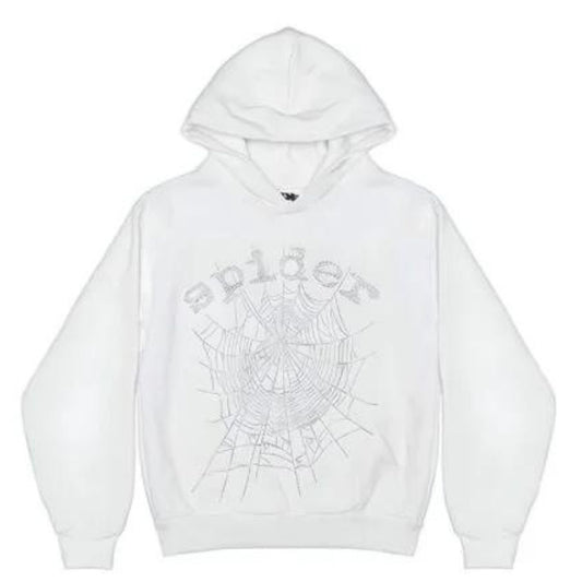 Sp5der OG Rhinestone Logo Hoodie White