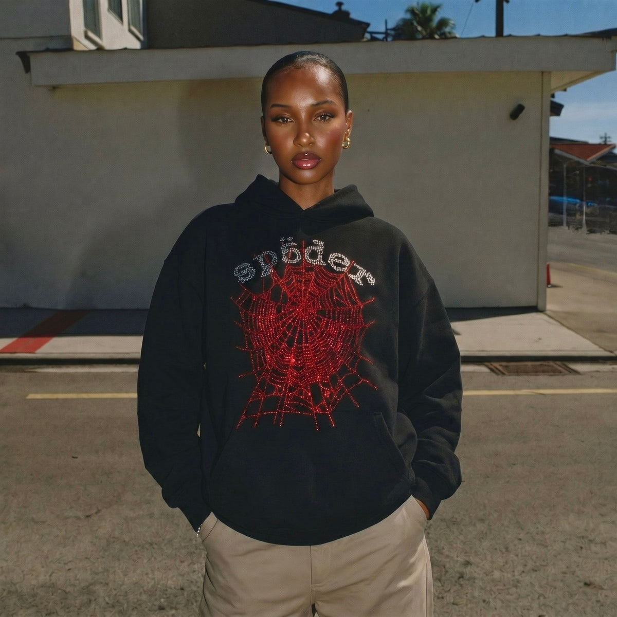 Sp5der OG Rhinestone Logo Hoodie Black